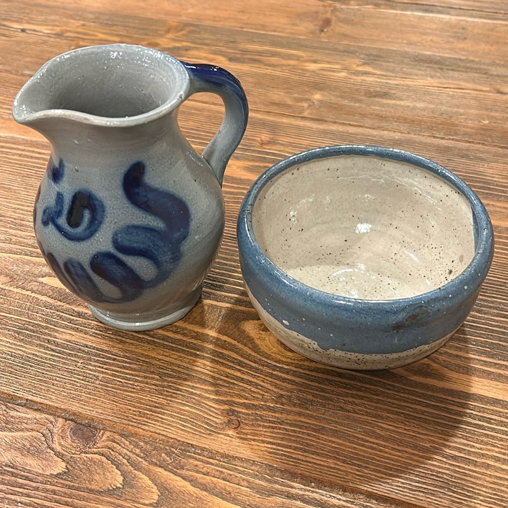 Blue ceramic pitcher and bowl